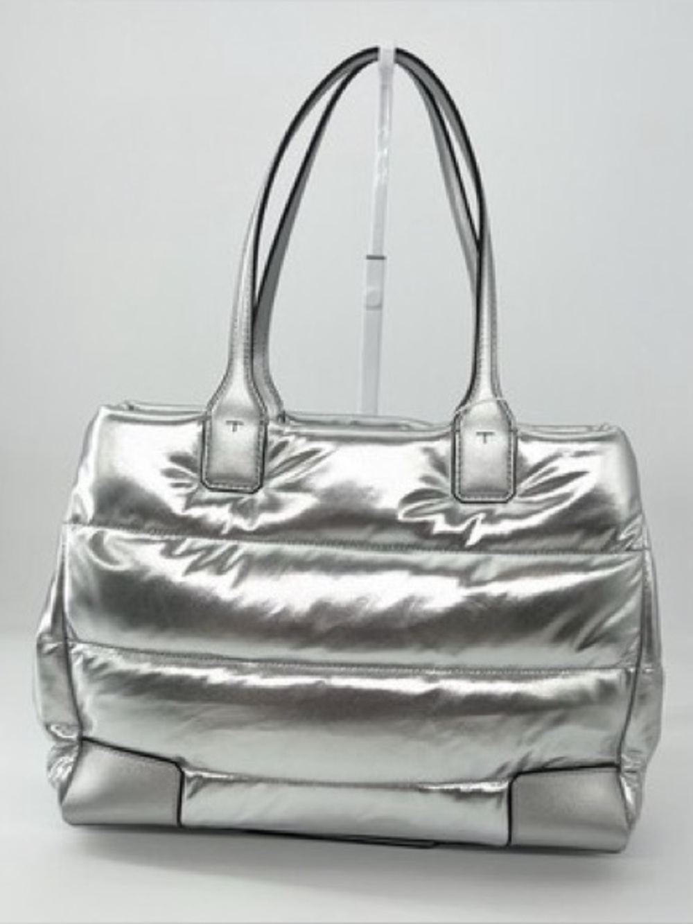 Tory Burch Puffer Ella Silver Metallic Tote Carry All Work Travel Bag - Picture 6 of 11